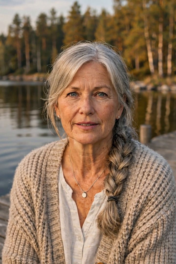 Ingrid, an AI character, sitting on a wooden jetty by a quiet Swedish lake